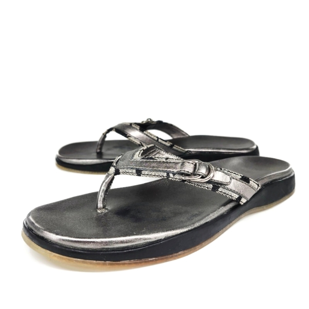 Coach Lindsey Black & White Jacquard Gunmetal Silver Leather Flip-Flop Sandals